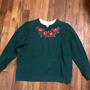 Kim Rogers Forest Green Top with Scarlet Floral Embroidery